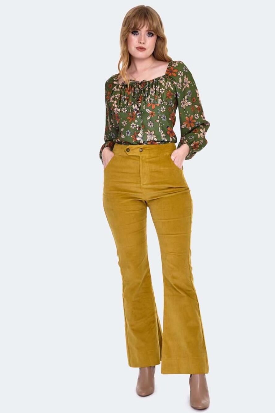 Voodoo Vixen Mustard Yellow Corduroy Flare Trouser Pants Women's Size 6